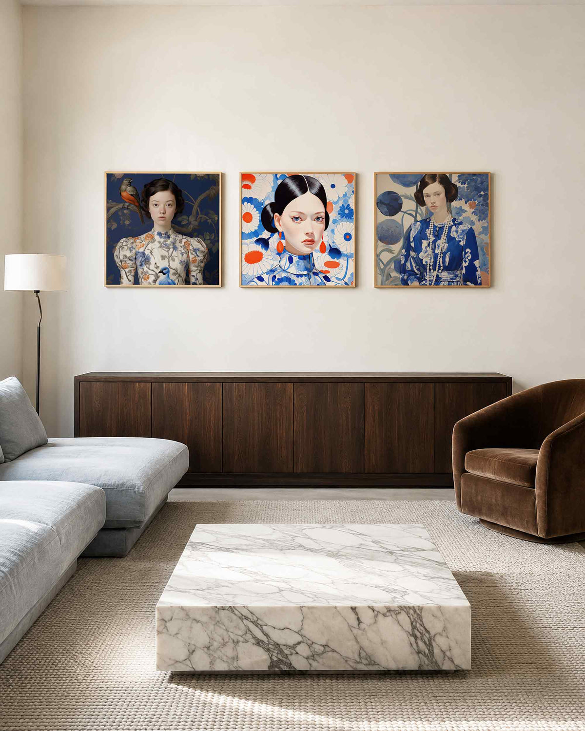 Interieurpresentatie van een driedelige vierkante posterset met vrouwenportretten met bloemen