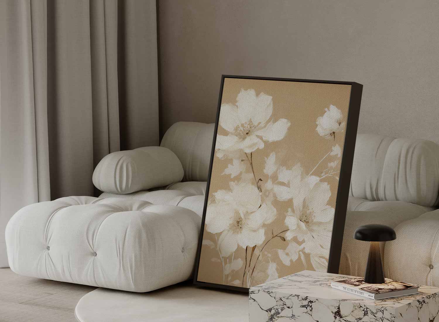 Zachte Bloemendroom op Beige Kunstwerk-canvas-dibond-plexiglas-wanddecoratie-WallArtistic