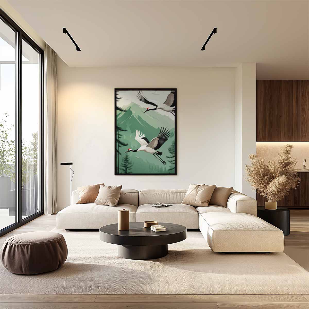 Kunstwerk: Fliegende Kraniche in einer Berglandschaft