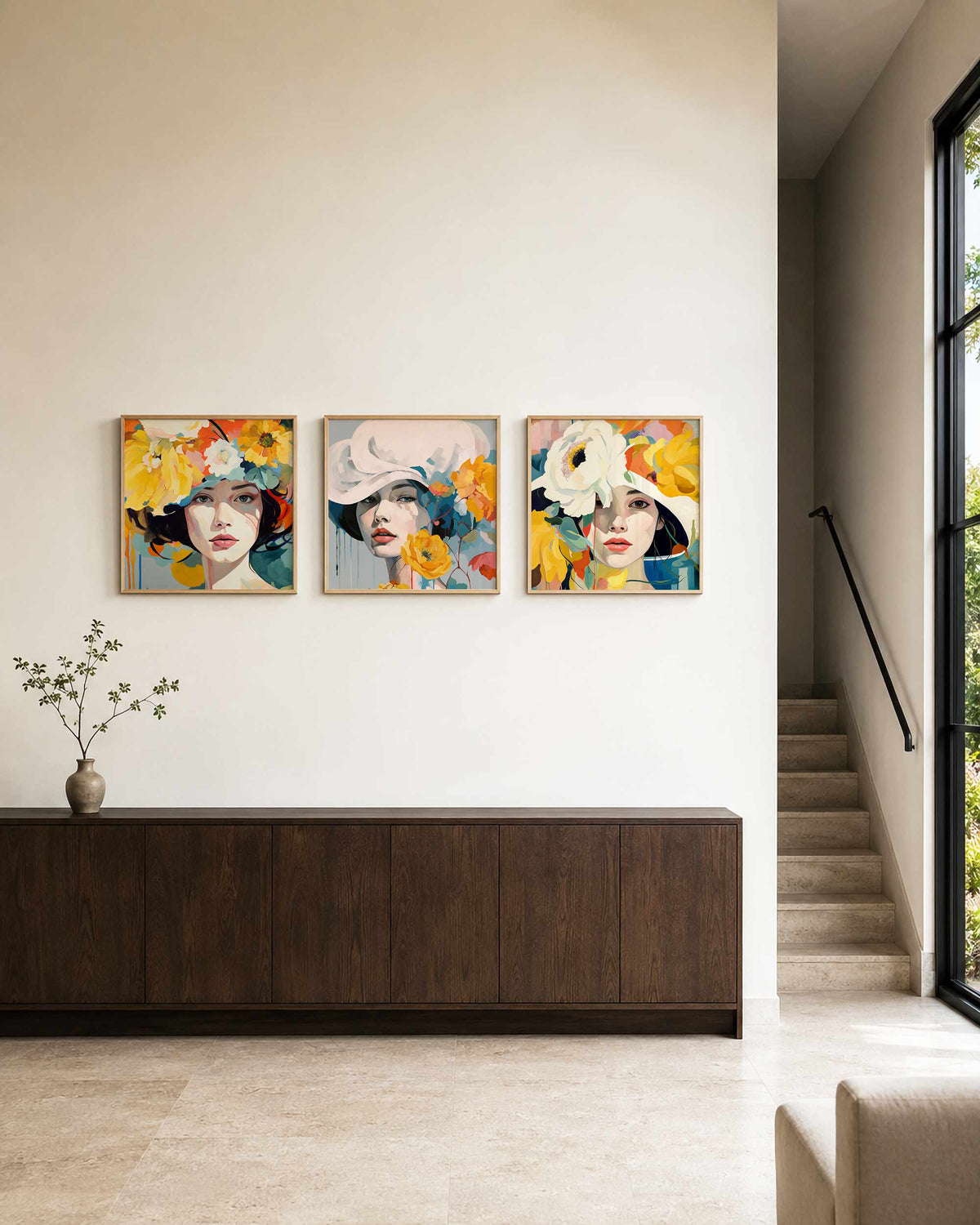 Interieurpresentatie van een driedelige vierkante posterset met bloemenportretten