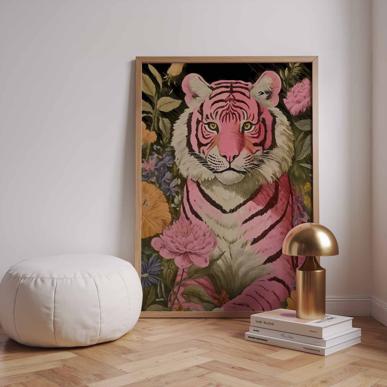 Roze Tijger met Bloemen Poster-WallArtistic