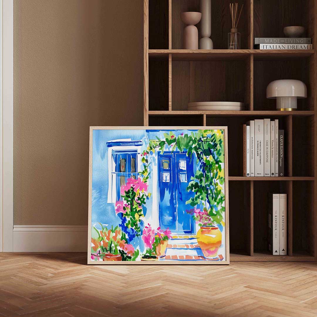 Blauwe deur en bloemen Poster