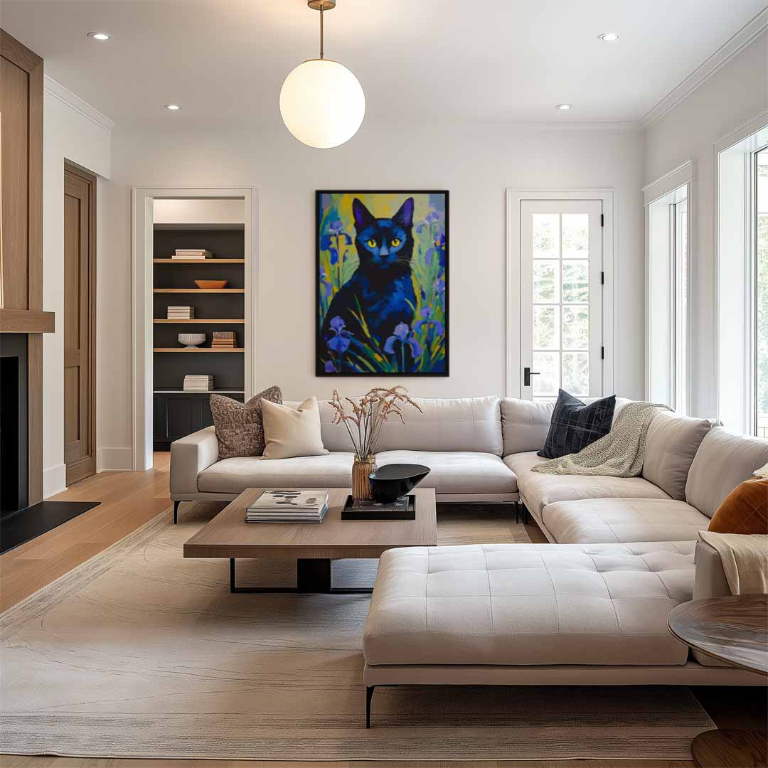 Kunstwerk: Mystische Katze im Blumengarten