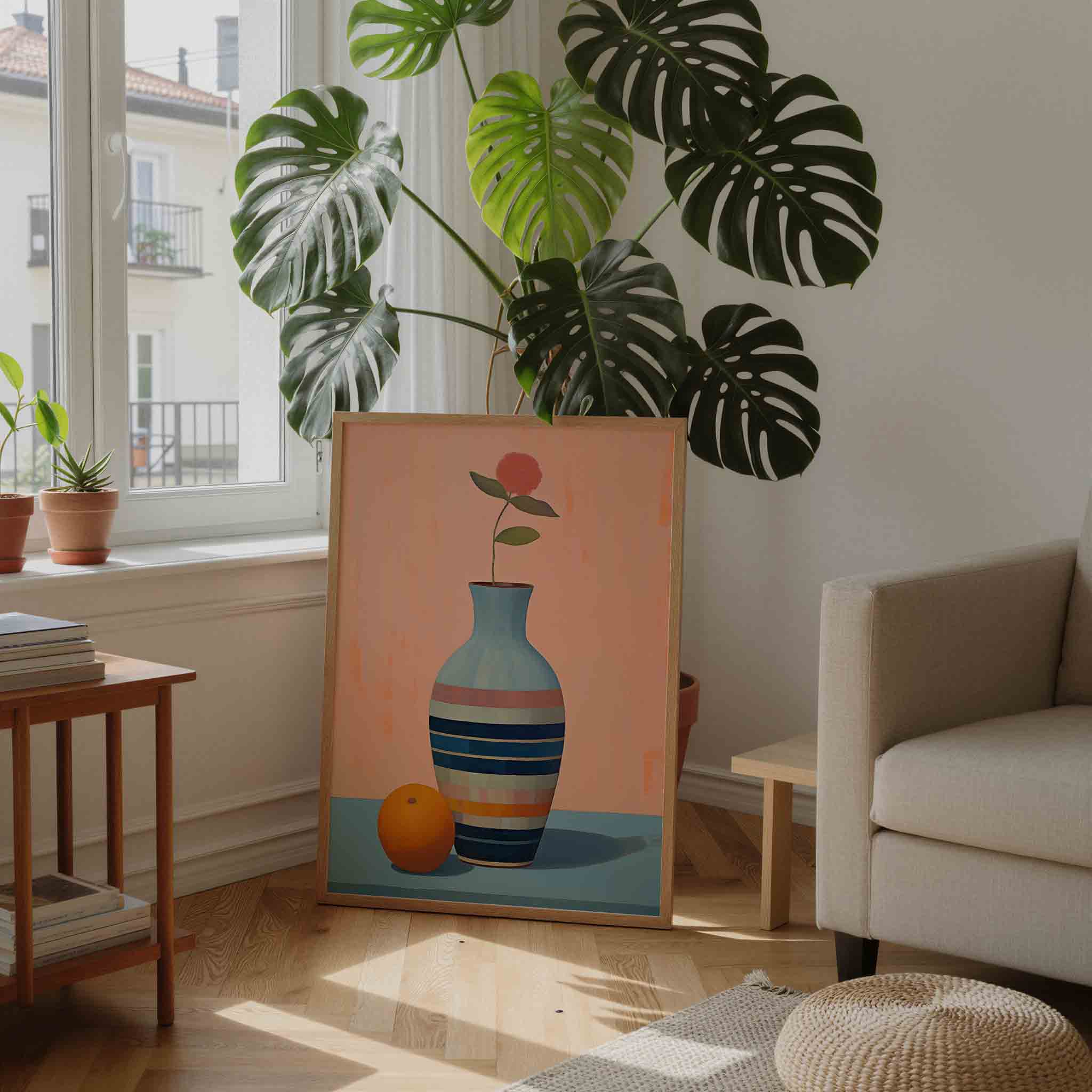 Vaas met bloem en sinaasappel Poster