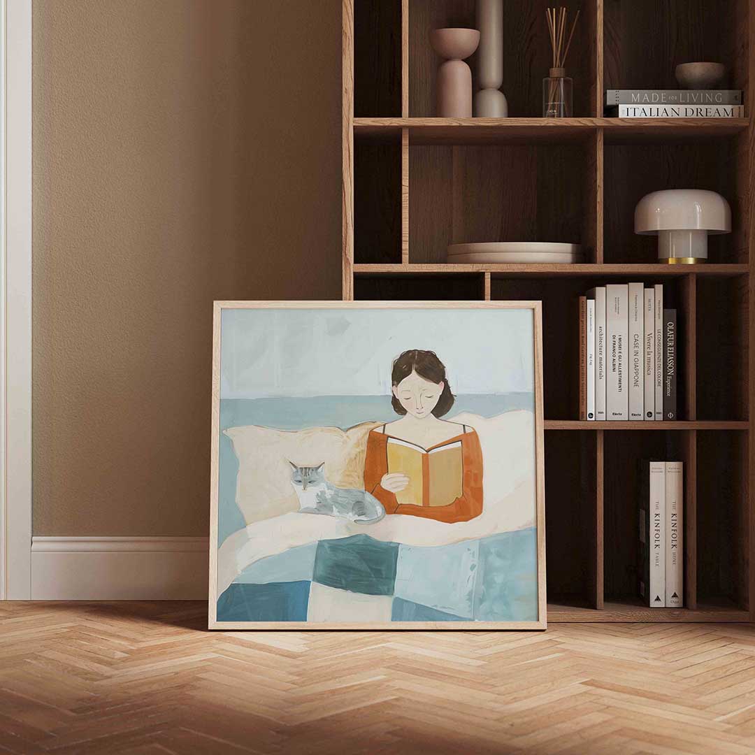 Lezende vrouw met kat Poster