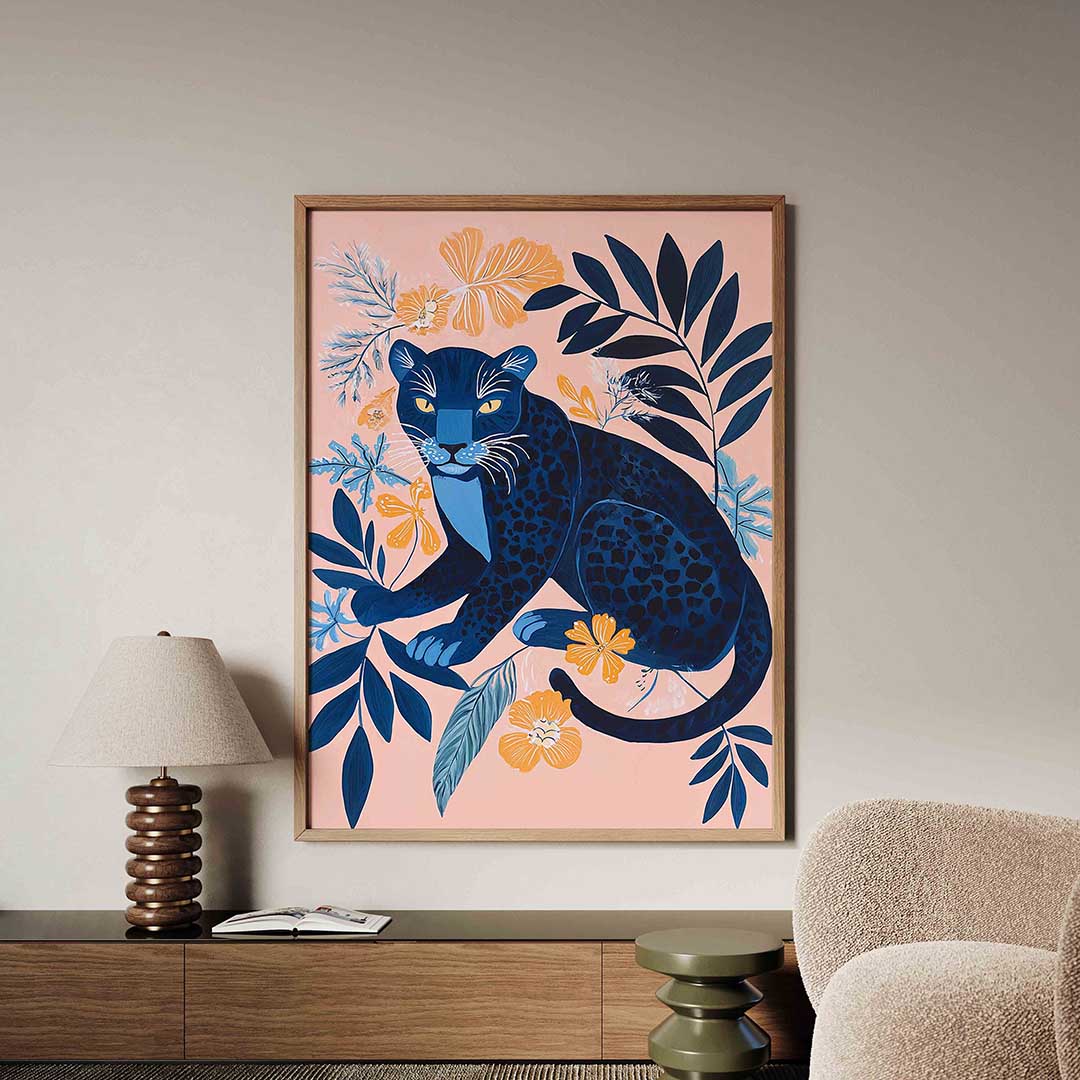 Blauwe panter en bloemen Poster