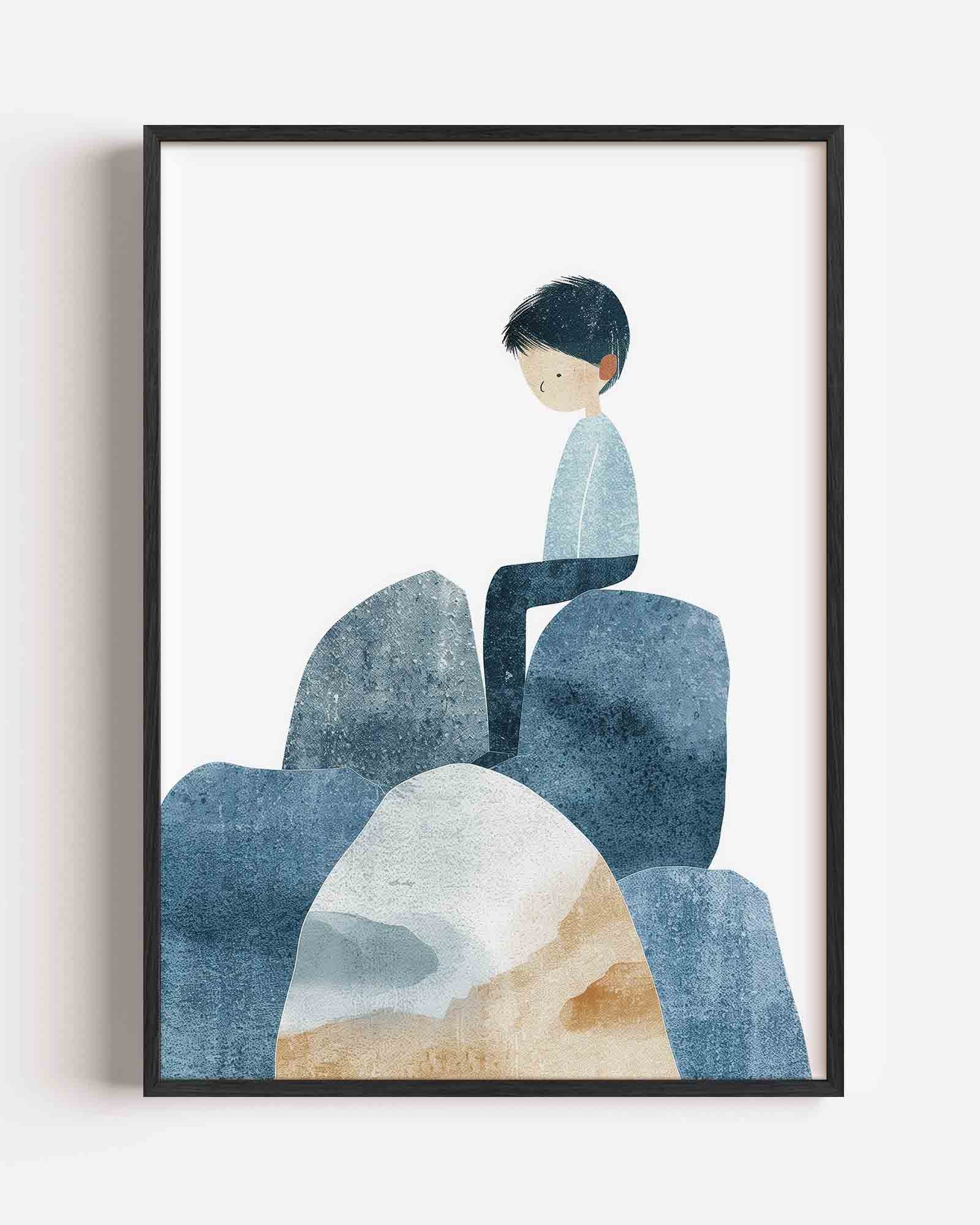 Zittende figuur op rotsen Poster