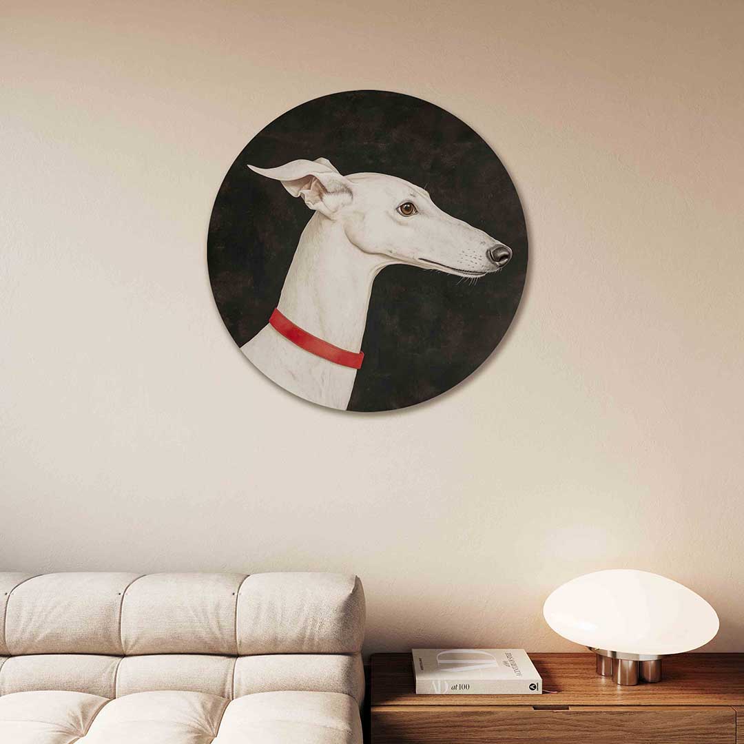Witte hond met rode halsband Muurcirkel