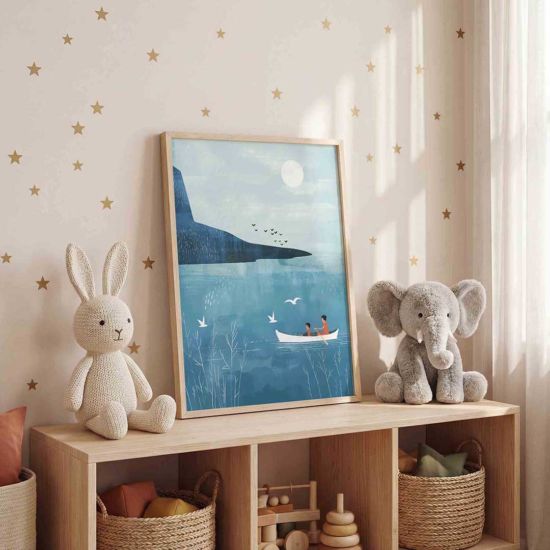 Roeiboot op blauwe zee Poster
