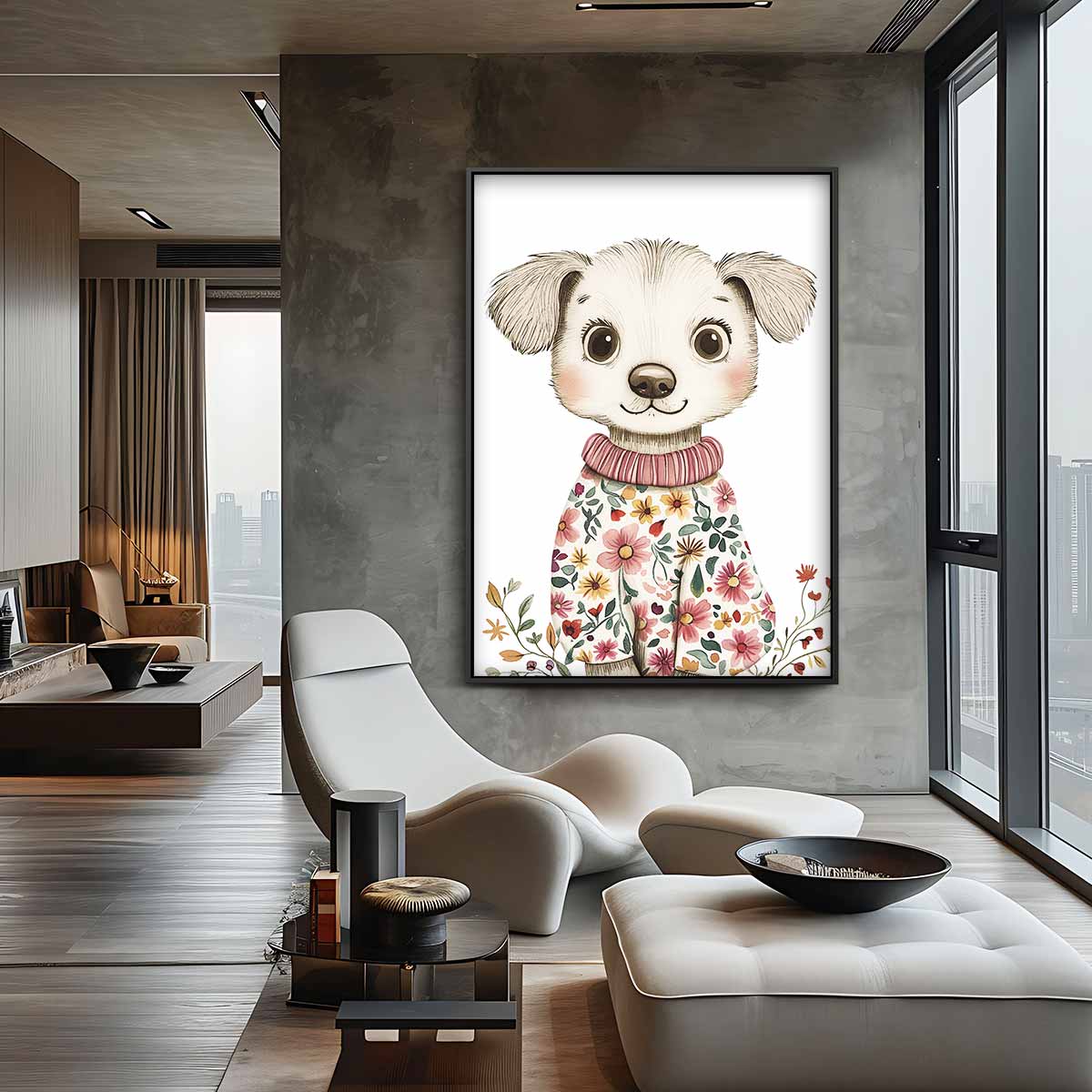 Lieve Hond met Bloemenoutfit Kunstwerk-canvas-dibond-plexiglas-wanddecoratie-WallArtistic