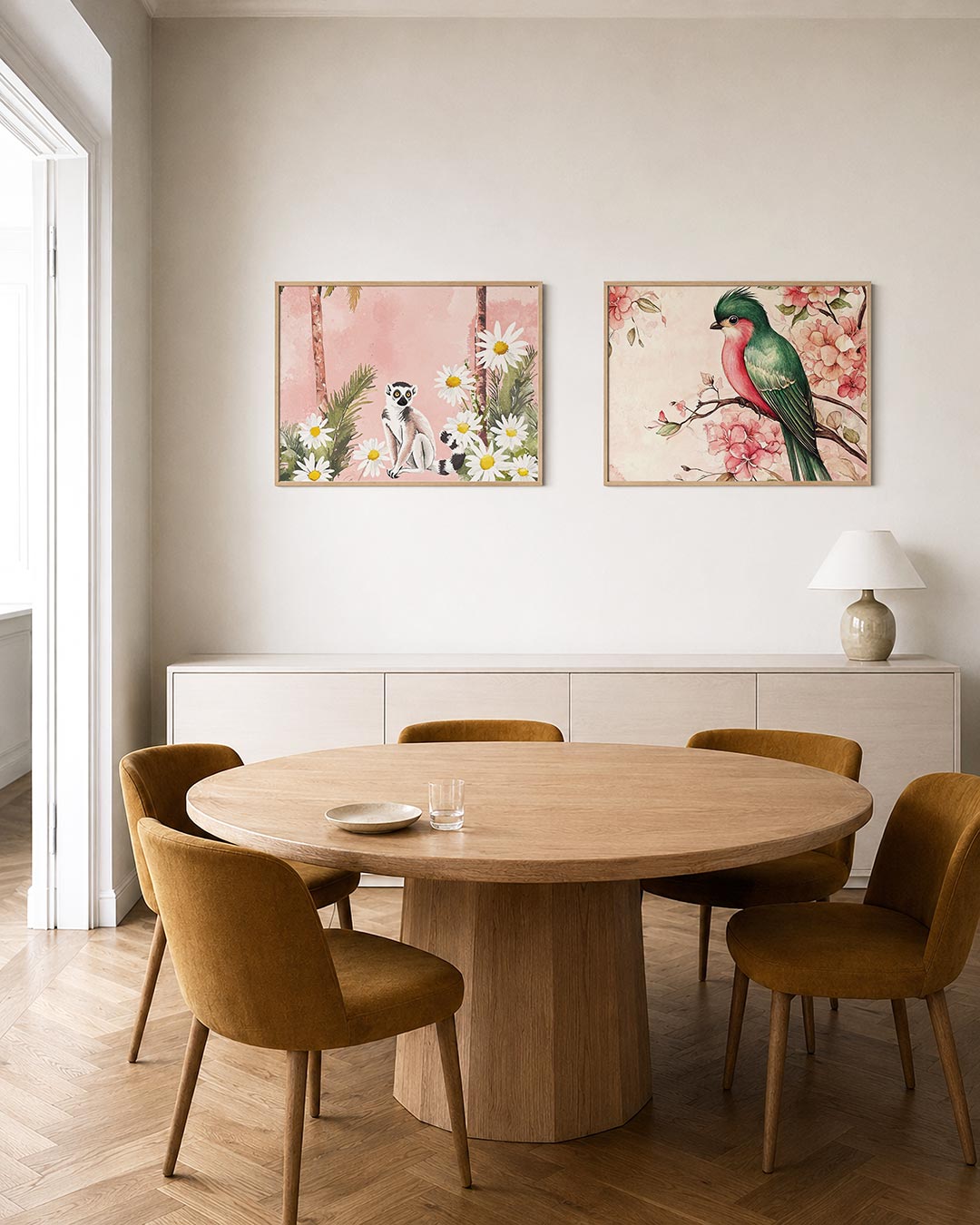Tweedelige posterset met een speelse compositie met een lemur, getoond in een interieur