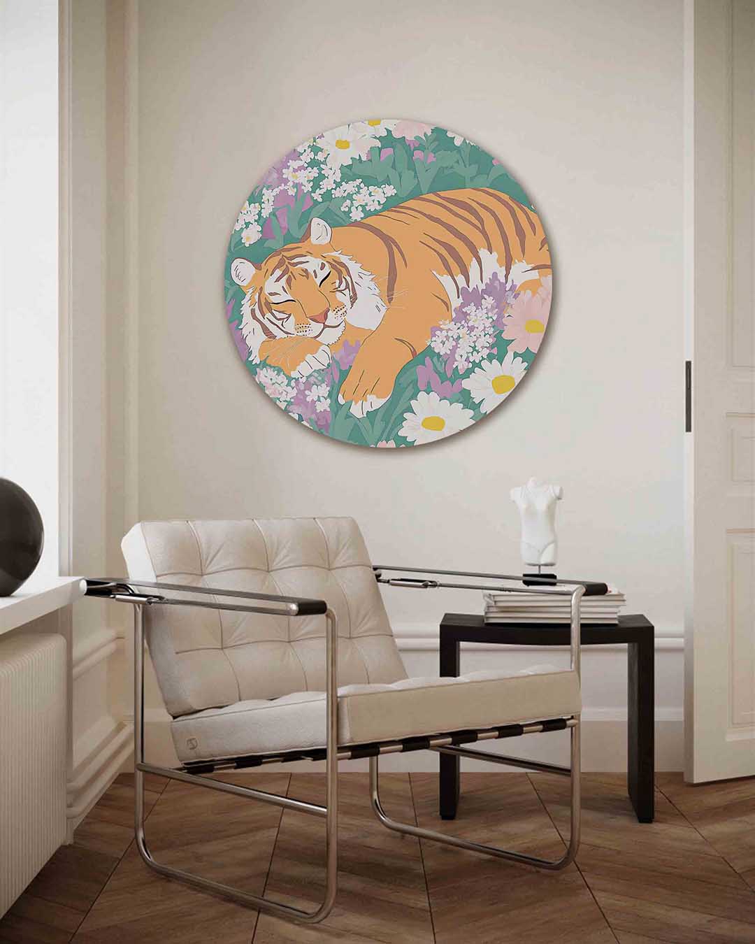 Slapende tijger in bloemen Muurcirkel