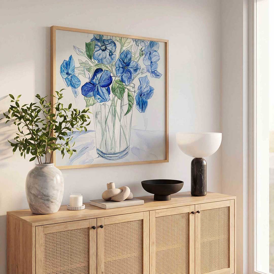 Blauwe bloemen in vaas Poster