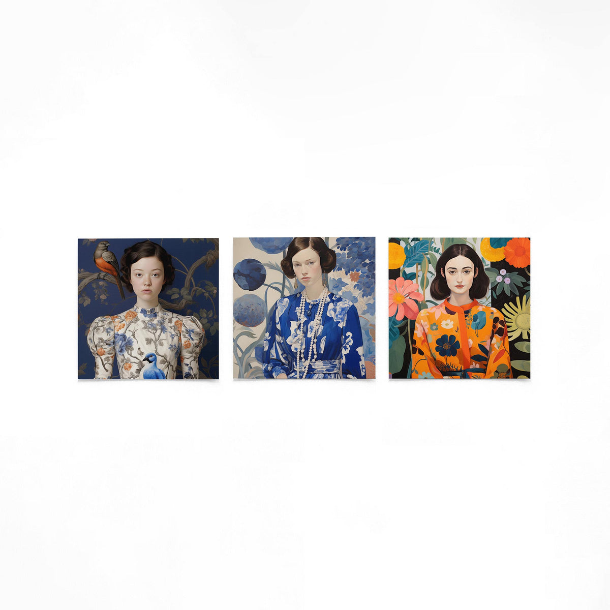 Drie vierkante posters met vrouwen en bloemen op een gebroken witte achtergrond