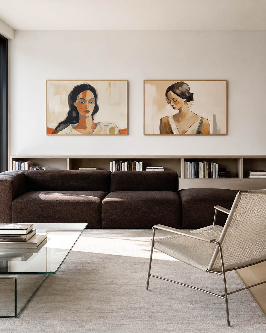 Twee liggende posters met een vrouwelijk gezicht met vloeiende lijnen en zachte kleurvlakken, aan de muur in een interieur