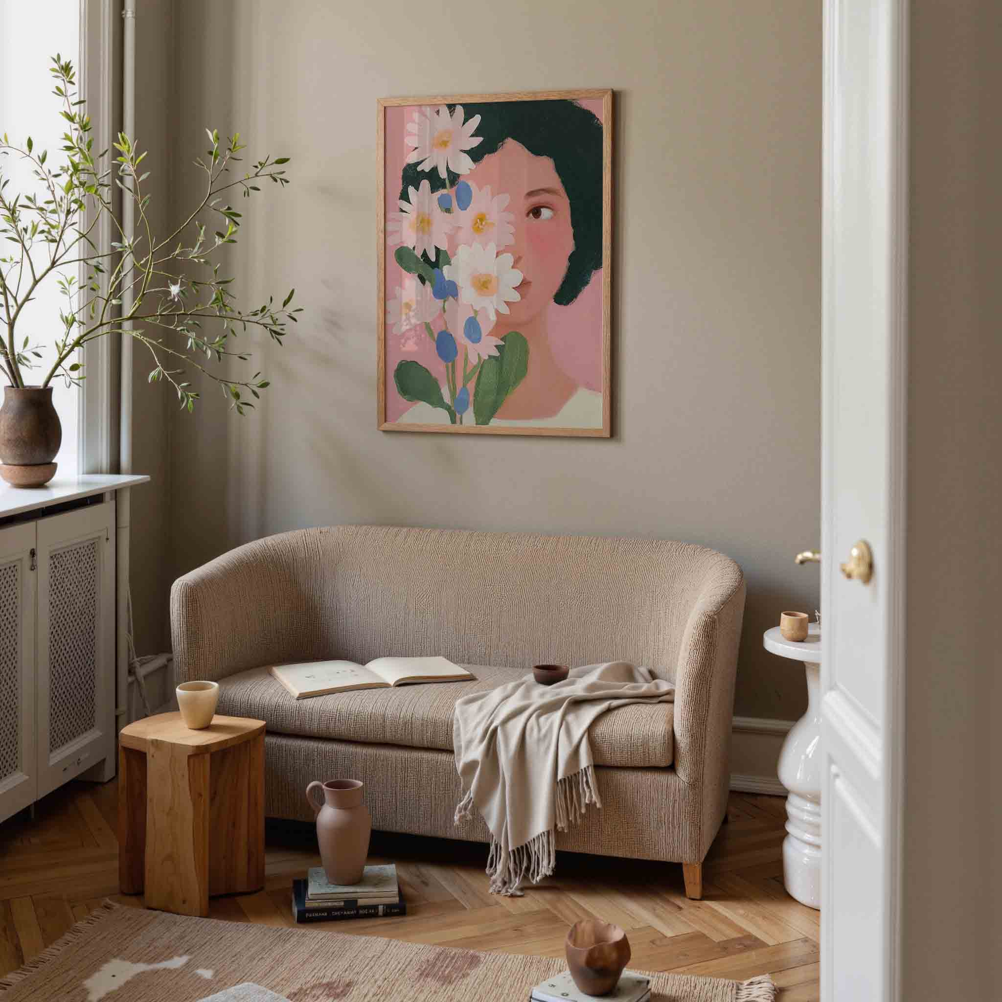Bloemen en gezicht Poster