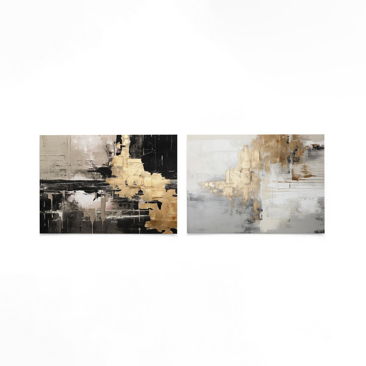 Twee liggende posters met goud, zwart en beige op een gebroken witte achtergrond