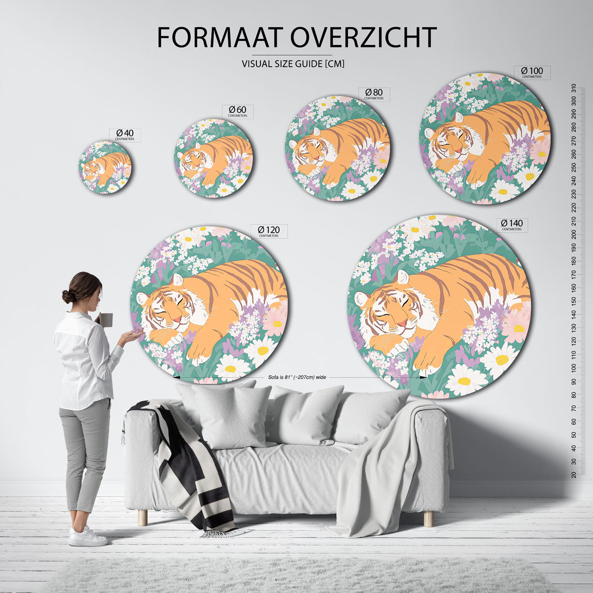 Slapende tijger in bloemen Muurcirkel